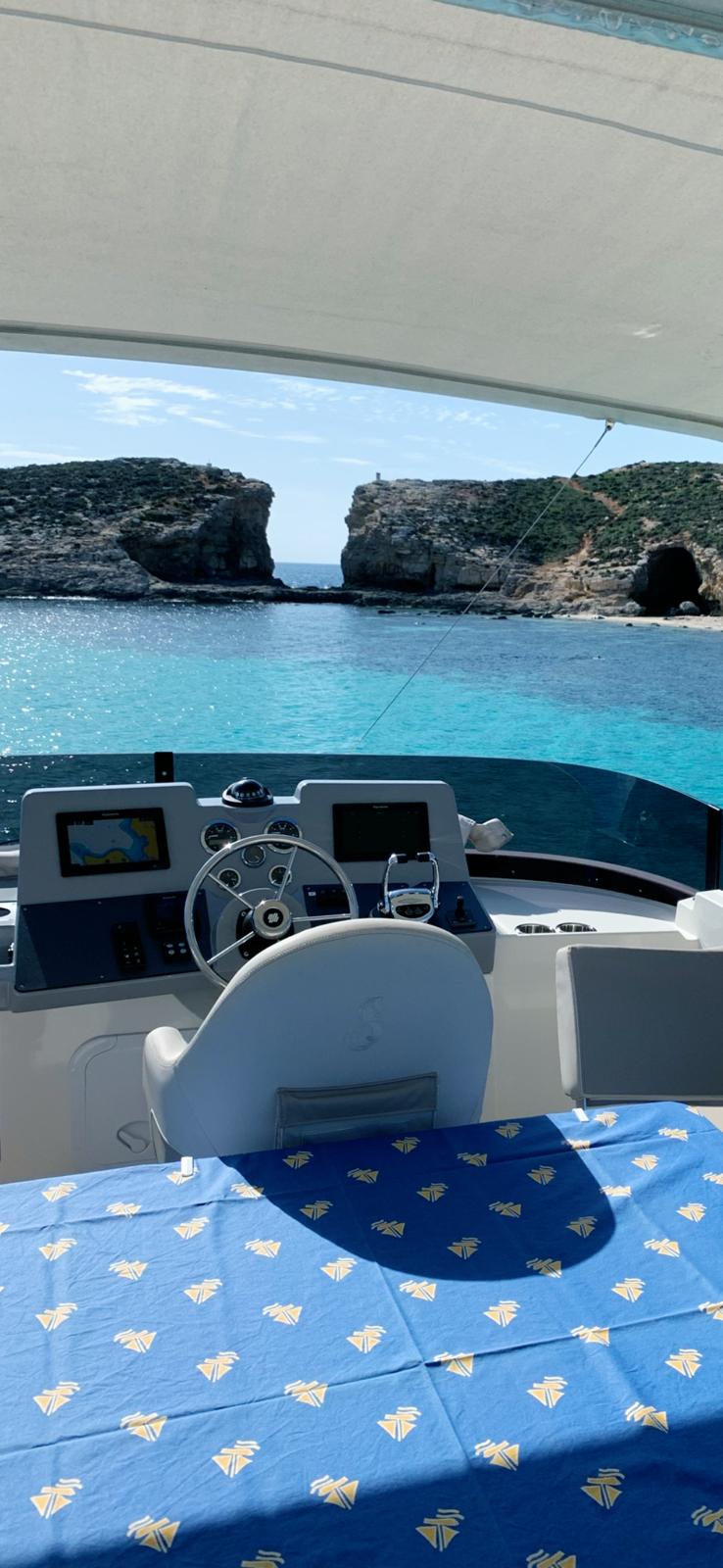View from the helm of Comino rock formations through the windshield